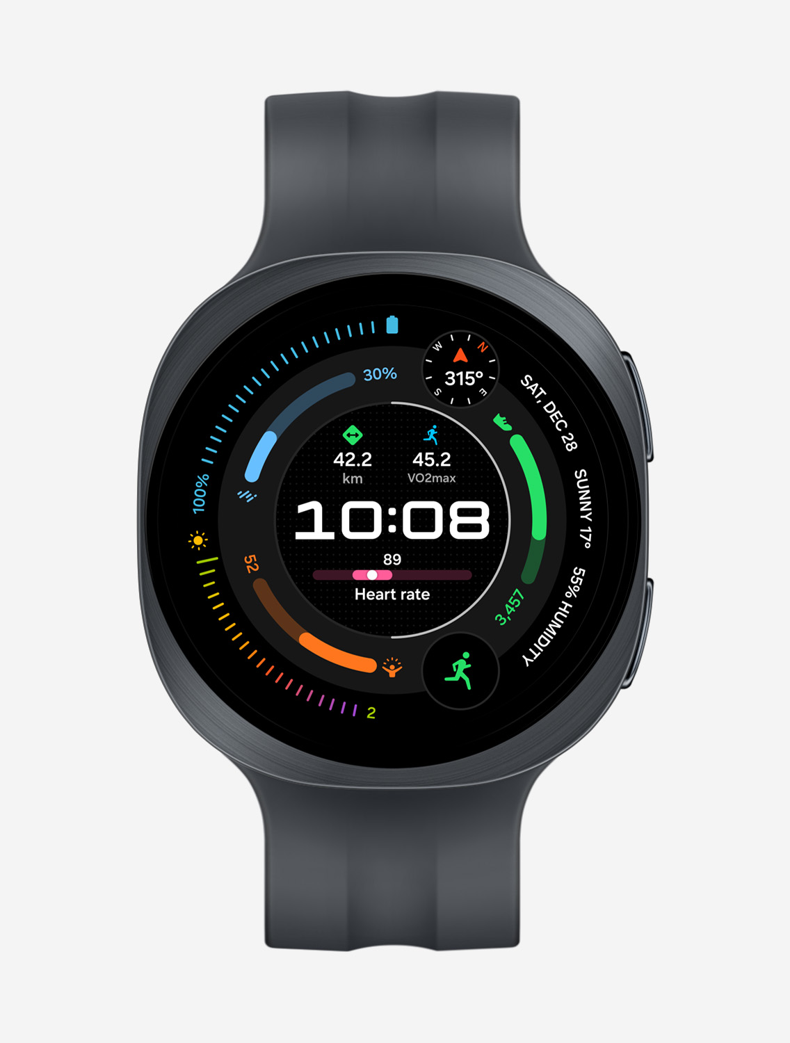 عرض أمامي وعرض زاوية مقرب يُظهِر ساعة Galaxy Watch9 مع حزام رياضي بلون أسود، تظهر واجهة الساعة الخاصة بتمارين الجري