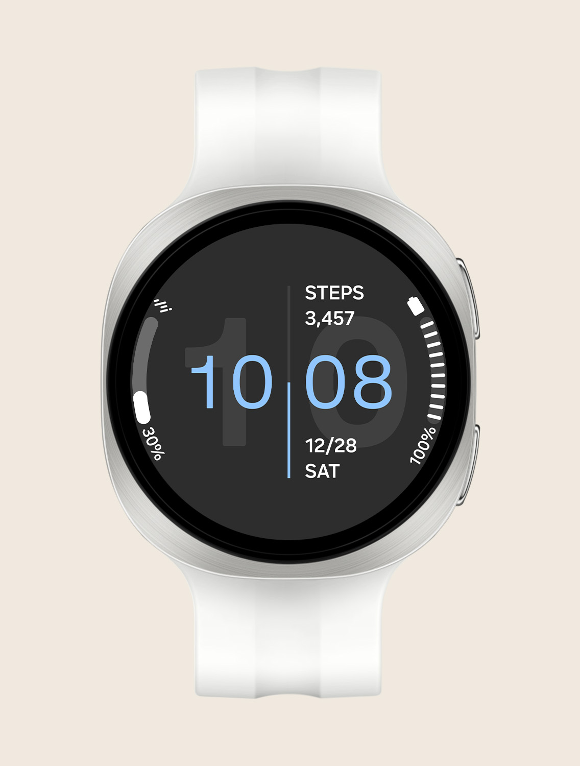 عرض أمامي وعرض زاوية مقرب يُظهِر ساعة Galaxy Watch9 مع حزام رياضي بلون كريمي، تظهر واجهة الساعة مع معلومات مثل عدد الخطوات، والوقت، والتاريخ، والطقس، ونسبة شحن البطارية