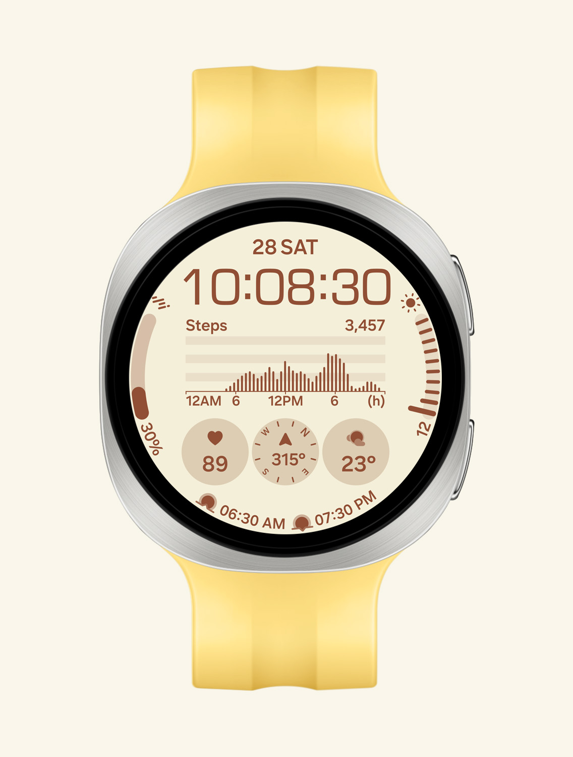 عرض أمامي وعرض زاوية مقرب يُظهِر ساعة Galaxy Watch9 مع حزام رياضي بلون أصفر، تظهر واجهة الساعة مع معلومات مثل التاريخ، والوقت، وعدد الخطوات، والطقس، ومعدل ضربات القلب، والبوصلة، وشروق الشمس وغروبها