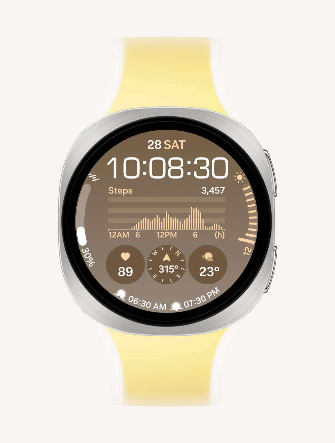 عرض أمامي وعرض زاوية مقرب يُظهِر ساعة Galaxy Watch9 مع حزام ميستي بلون أصفر، تظهر واجهة الساعة مع معلومات مثل التاريخ، والوقت، وعدد الخطوات، والطقس، ومعدل ضربات القلب، والبوصلة، وشروق الشمس وغروبها