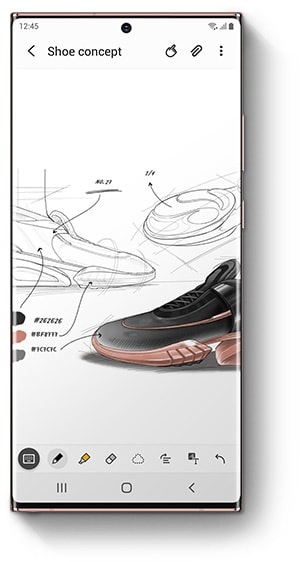 Galaxy Note20 Ultra 5G su Samsung Notes programėle ekrane ir bato eskizu.