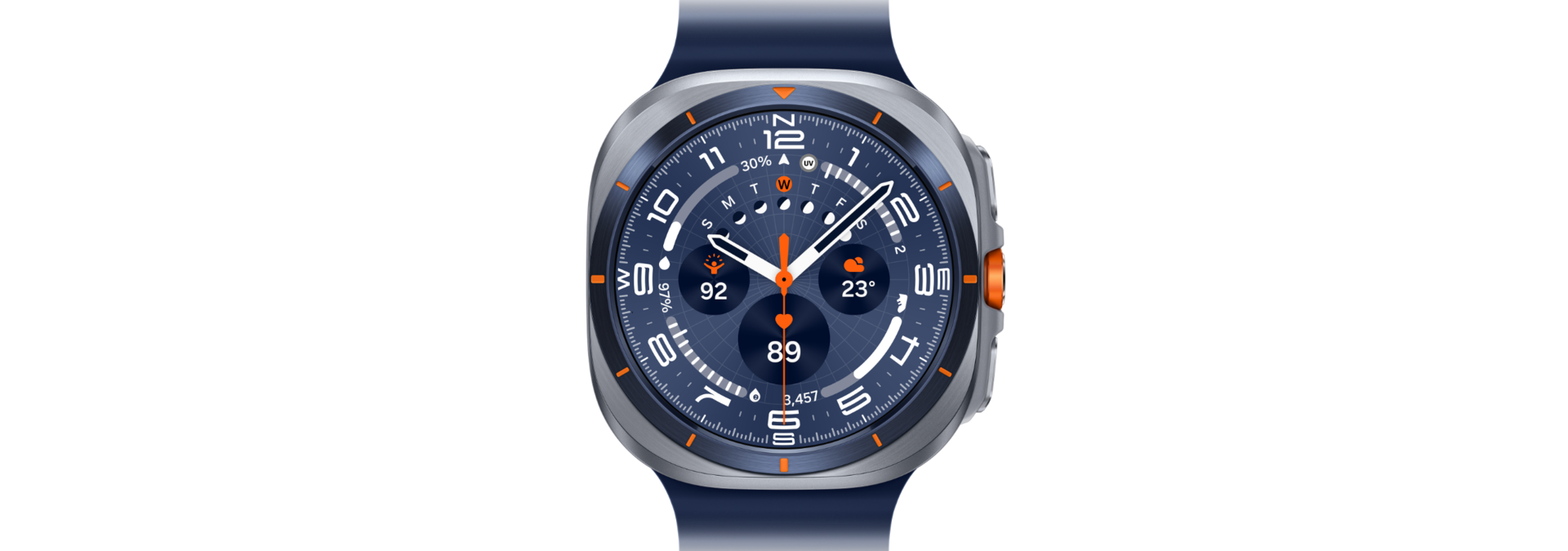 Galaxy Watch Ultra ar skatu uz priekšu.