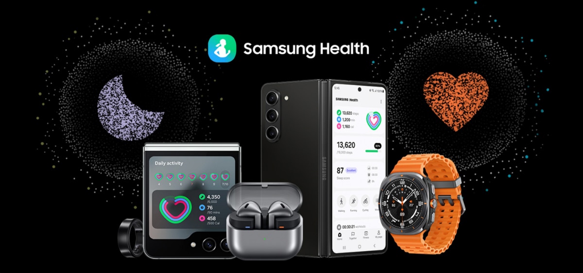 Galaxy Ring, Galaxy Flip6, Galaxy Buds3 Pro, Galaxy Fold6 un Galaxy Watch7 ir sagrupēti un redzams teksts Samsung Health virs tiem. Virs ierīcēm atrodas lielas lietotņu ikonas, kas nnorāda uz miega kvalitātes un sirdsdarbības datu pārraudzīšanu.