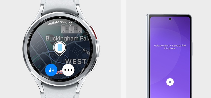 Galaxy Watch6  Classic  can be seen, displaying Find My Phone screen. Galaxy Z Fold5 showing the text 'Finding your phone...' with a search icon and a 'Dismiss' button can also be seen, to indicate that you can locate your phone right from your Watch.