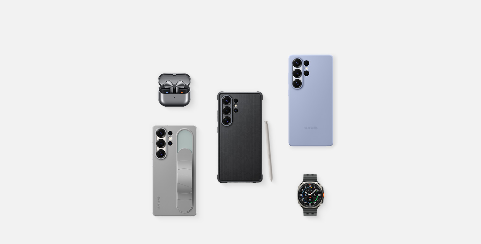 A flat lay of Samsung accessories for Galaxy S25 Ultra: First, Galaxy Buds3 Pro in Silver with the ear buds, Galaxy S25 Ultra with Rugged Case installed and S Pen in Light Gray, Galaxy S25 Ultra with Silicone Case in Light Blue installed, SmartTag2 in White, Galaxy Watch7, Galaxy S25 Ultra with Standing Grip Case in Gray installed.