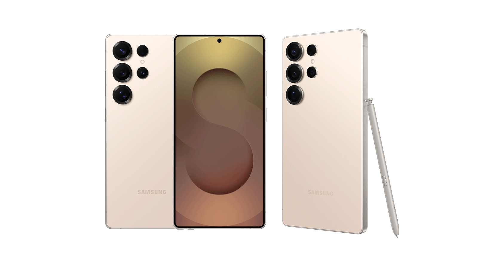Tres smartphones Galaxy S25 Ultra en color Oro Rosa Titanio, uno en vista trasera, otro en vista frontal y otro en vista trasera ligeramente inclinado con un S Pen apoyado en él.