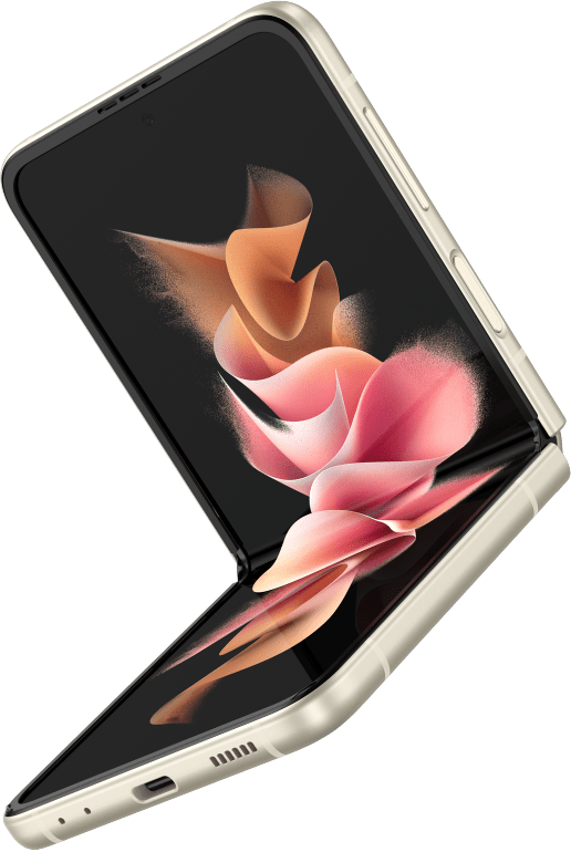 Un Galaxy Z Flip3 5G en modo Flex con un fondo de pantalla colorido visto en la pantalla principal.