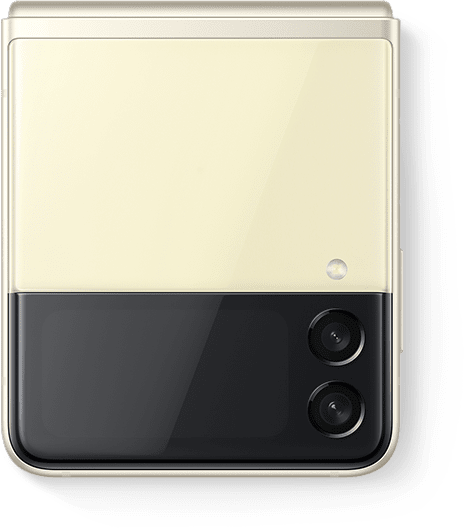 Un Galaxy Z Flip3 5G en color Cream plegado y visto desde la cubierta Front Cover.