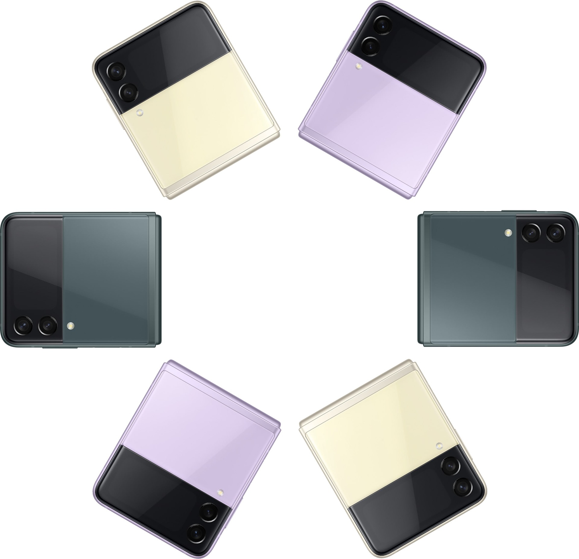 Seis teléfonos Galaxy Z Flip3 5G, todos plegados y vistos desde la cubierta Front Cover. Dos en Cream, dos en Lavender y dos en Green, con los colores alternados.