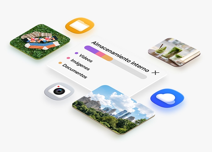Se muestra la información de almacenamiento interno, que indica cuánto espacio ocupan los videos, las imágenes y los documentos. Se muestran varias aplicaciones y fotos para que veas que puedes guardar distintos tipos de contenido en tu Galaxy Z Flip8.
