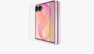 Se aprecia un Galaxy Z Flip8, plegado y ligeramente angulado, en la pantalla exterior. Una capa de cristal protector flota sobre la pantalla.