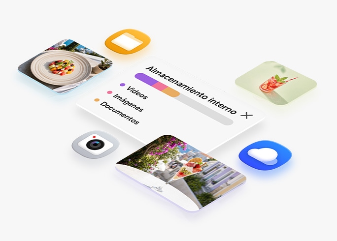 Se muestra la información de almacenamiento interno, que indica cuánto espacio ocupan los videos, las imágenes y los documentos. Se muestran varias aplicaciones y fotos para que veas que puedes guardar distintos tipos de contenido en tu Galaxy Z Fold8.