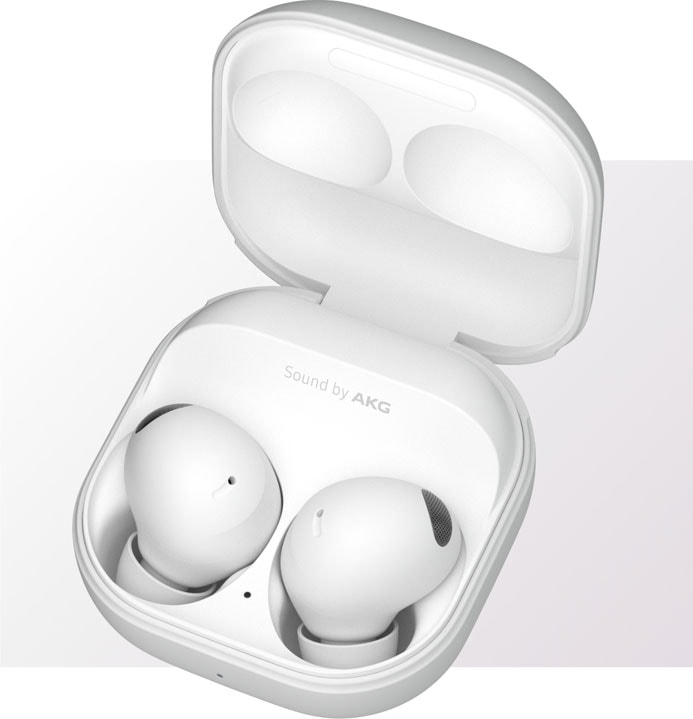 Samsung Buds 2 Pro's Auto Switch allows you to connect to TV via bluetooth & answer incoming calls seamlessly. Buds2 Pro in White is seen inside of its case.