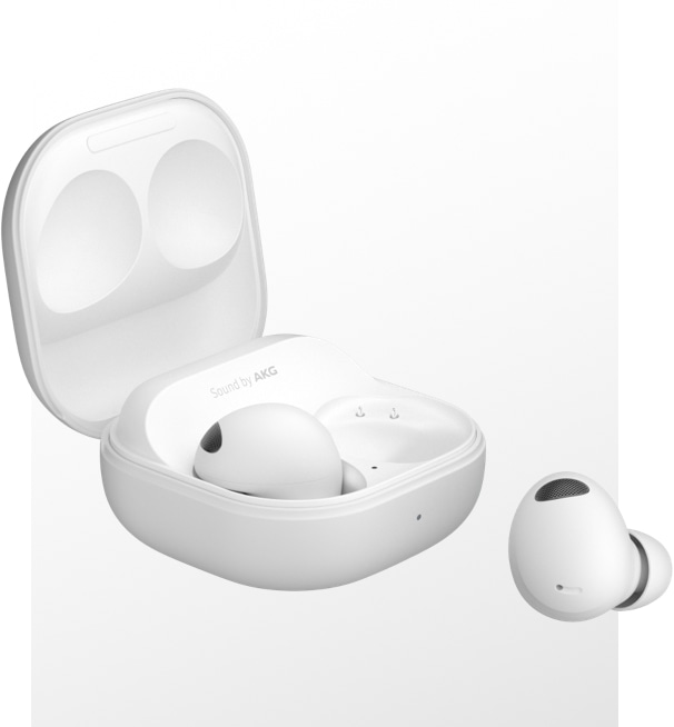 An open White Galaxy Buds2 Pro case with one bud inside and the other bud floating outside the case.