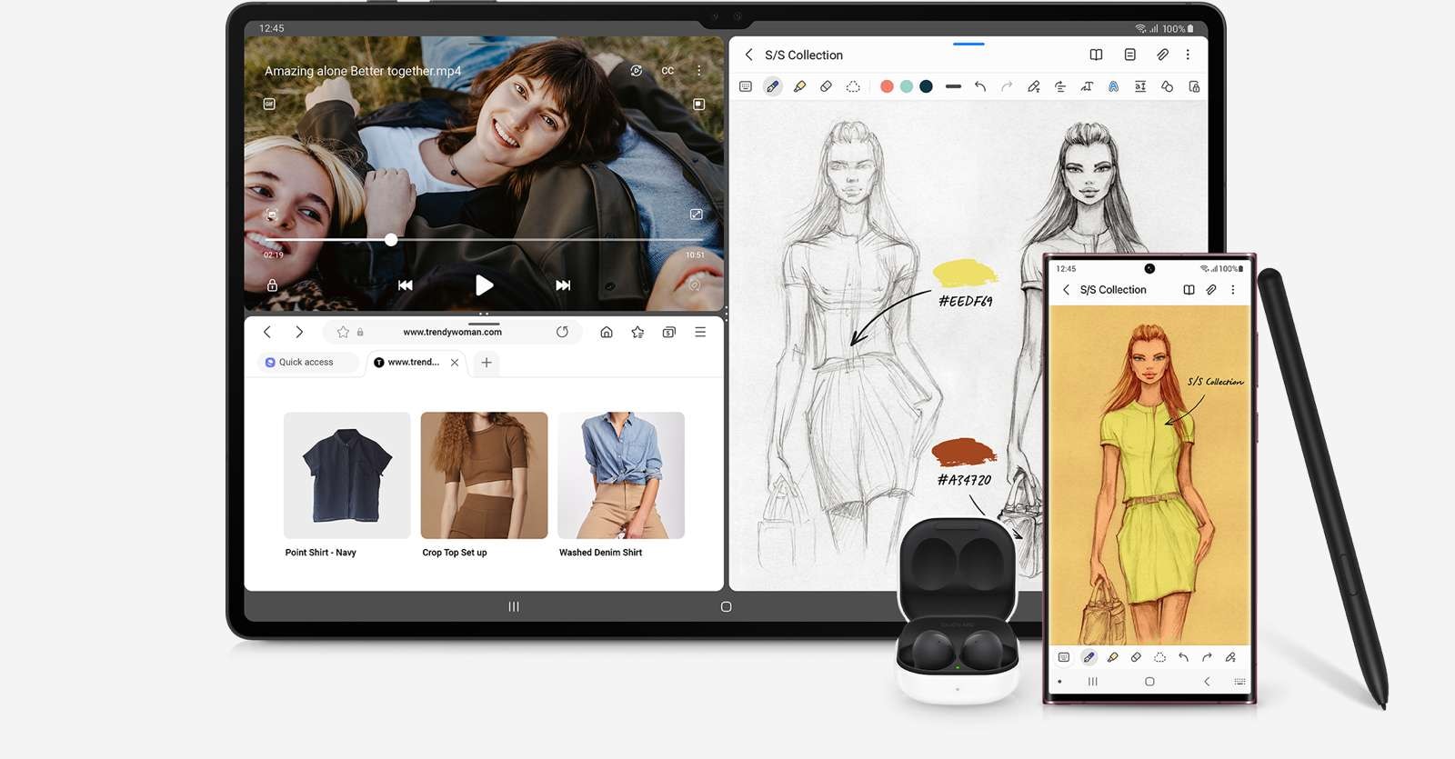 The Galaxy Tab S8 Series screen is divided into three windows. A video call with a woman resting on someone's knees is shown on the top left. Below, there is a shopping site open. Beside, there are design sketches. Galaxy Buds2, Galaxy S22 Ultra with the same sketch window opened, and S Pen are on the bottom right corner of Galaxy Tab S8 Series.