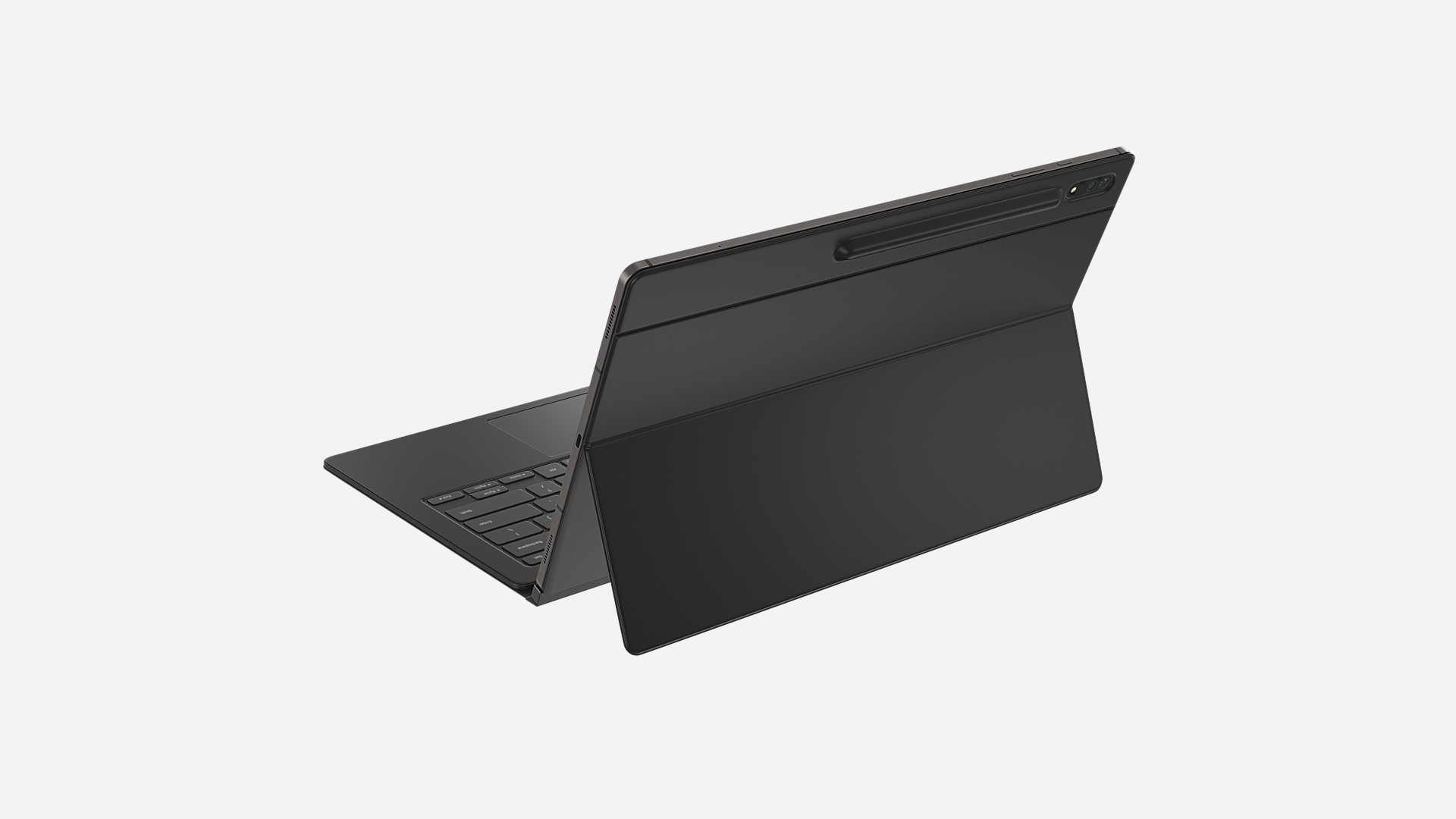 The Samsung S8 tablet series and Book Cover Keyboard are in space and the Book Cover Keyboard spins to click to the Galaxy Tab S8 Series, showing the back view.