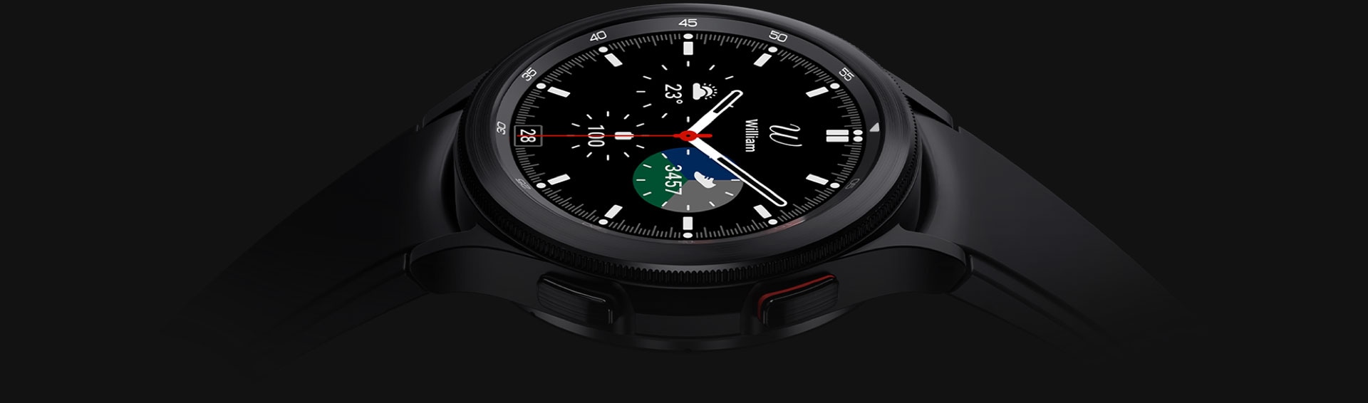 The watch face of a black Galaxy Watch4 Classic is facing up and showing the time.