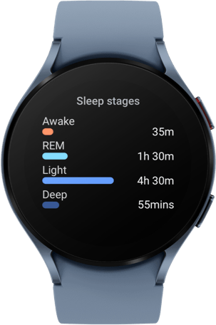 A 44mm Sapphire Watch5 Bluetooth is showing a sleep dashboard indicating the stages of sleep with time. Learn more about the health monitoring feature now.