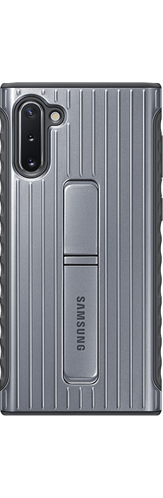 Galaxy Note10 inside Protective Standing Cover in silver seen from the rear next to Galaxy Note10 inside Protective Standing Cover in silver seen from the rear propped up with the kickstand