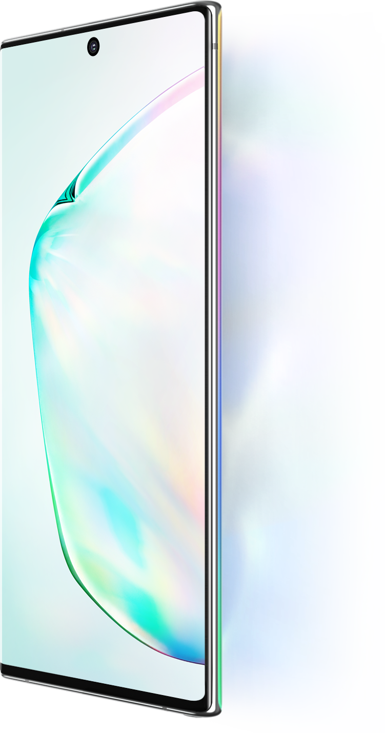 Galaxy Note10 and Galaxy Note10 plus seen at a three-quarter angle with an abstract graphic onscreen. Next to Galaxy Note10 and Note10 plus it says 6.3 inch display and next to Galaxy Note10 plus it says 6.8 inch display