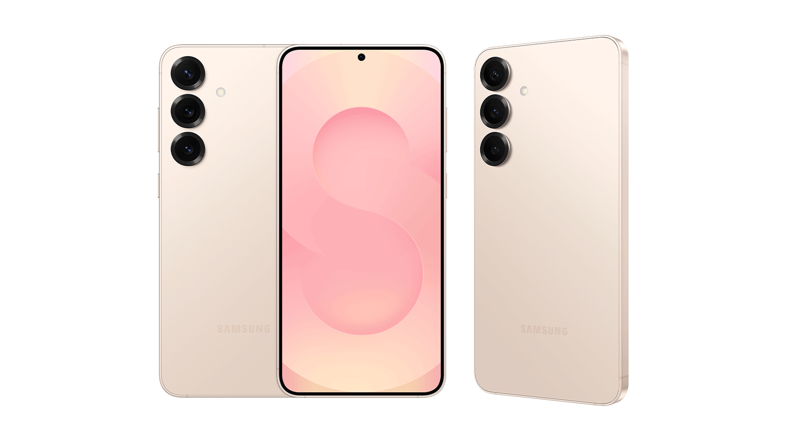 Three Galaxy S25+ in Pinkgold are arranged, one in rear view, one in front view and another in rear view at a slight slant.