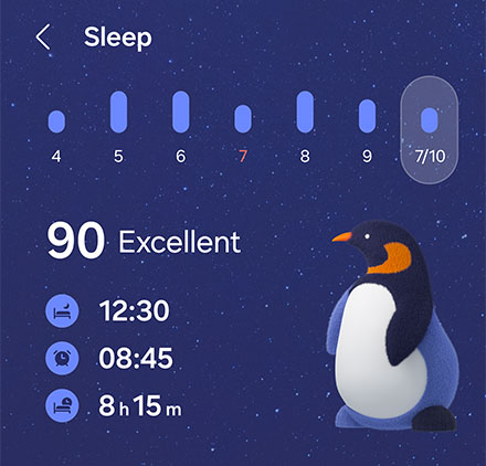 Health widget shows today's sleep score and other daily indicators as well as a summary graph of the last week of activity.