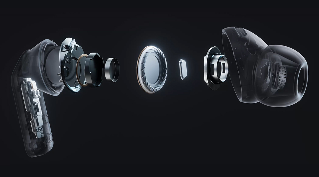 Un écouteur Galaxy Buds4 Pro en vue éclatée dévoile le système audio interne, incluant le woofer élargi et le tweeter du haut-parleur à 2&nbsp;voies.