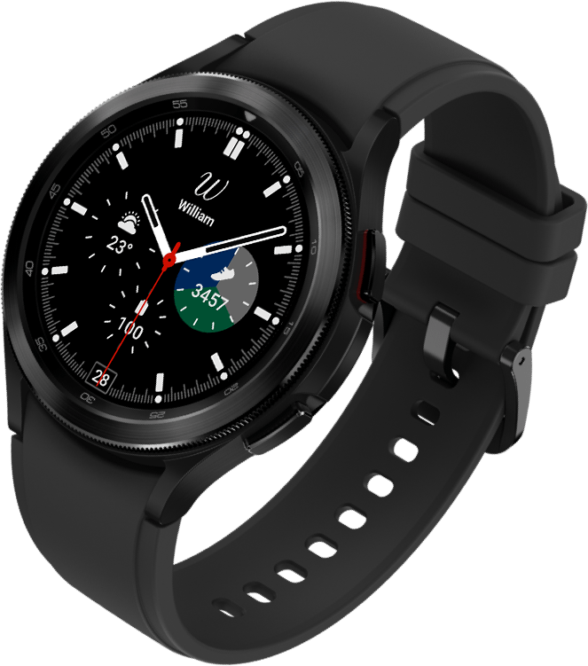 La Galaxy Watch4 Classic a un boîtier de couleur noire et un bracelet noir.