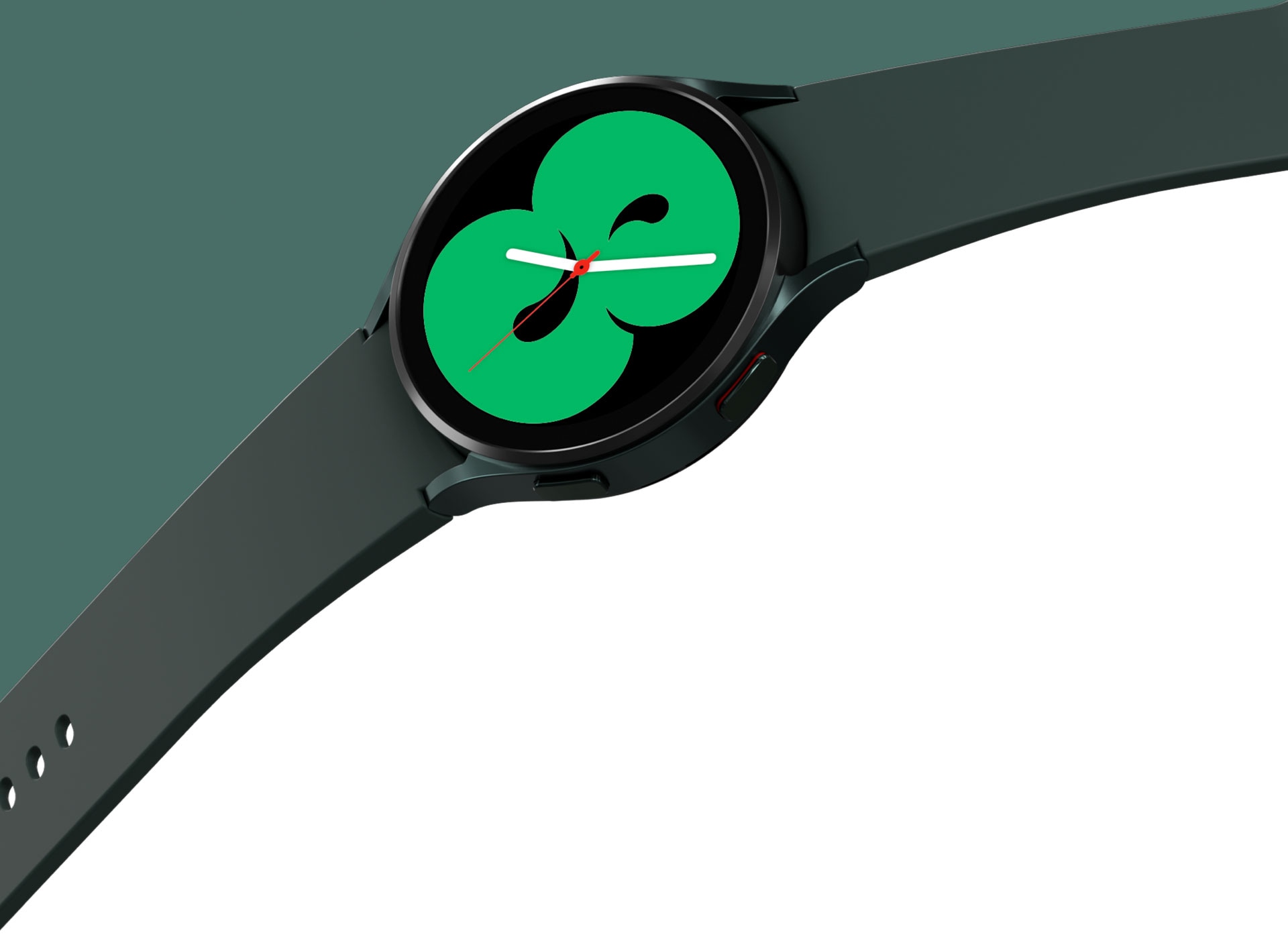 Une Galaxy Watch4 verte, affichée avec un bracelet étalé. Le cadran de la montre affiche l’un des motifs qui affichent l’heure en vert.