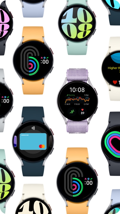 Multiple Galaxy Watch6 devices in different watch bands displaying different screens can be seen.