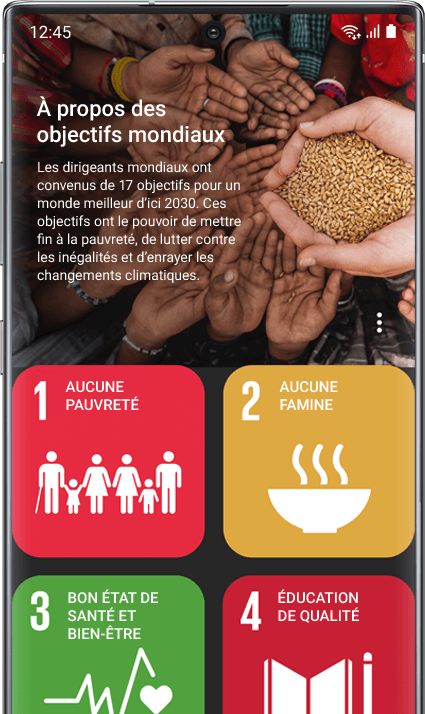 Galaxy Note 10 plus avec l'application Global Goals à l'écran