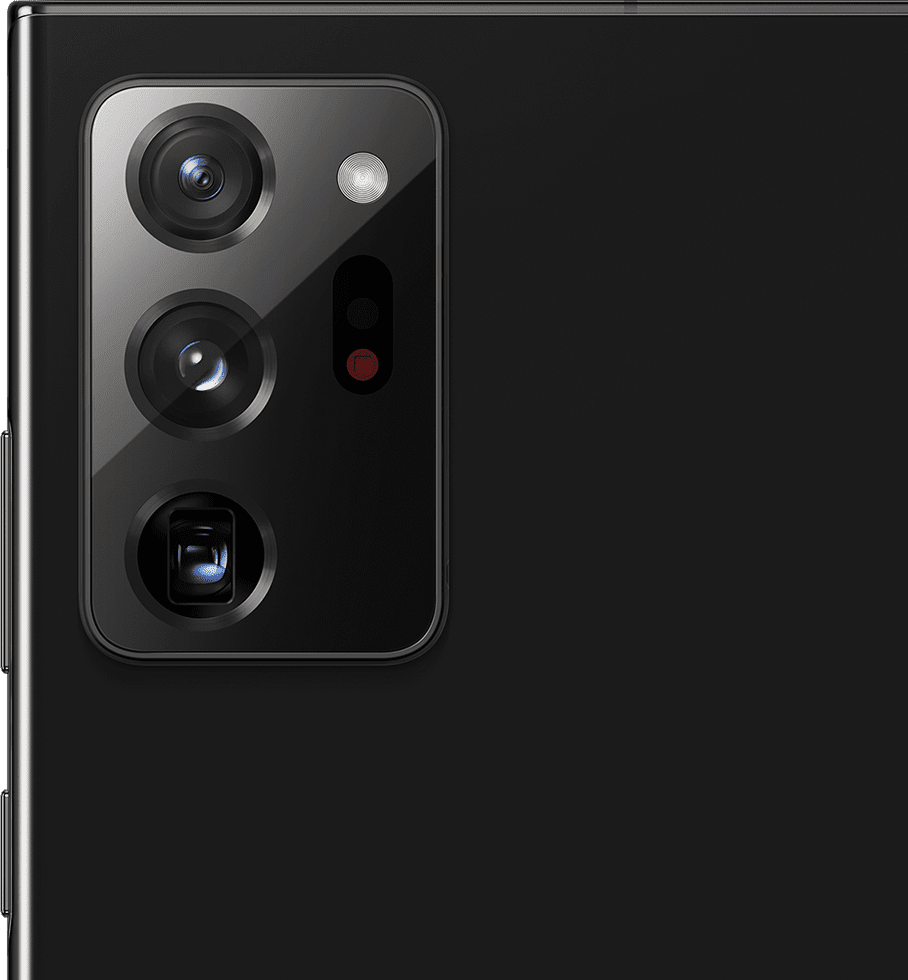 Gros plan sur l’appareil photo arrière du Galaxy Note20 Ultra Mystic Black.
