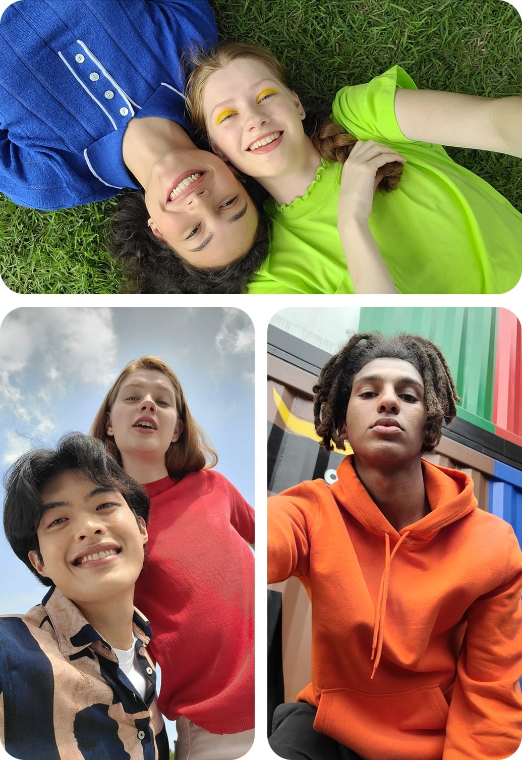 Trois types de selfies, pris avec l’appareil photo frontal 32 MP, affichant des photos détaillées de haute qualité. Deux femmes sont allongées dans un champ, la tête côte à côte. Un selfie d'une femme en contre-plongée. Un selfie en contre-plongée d'un homme et d'une femme regardant le téléphone.
