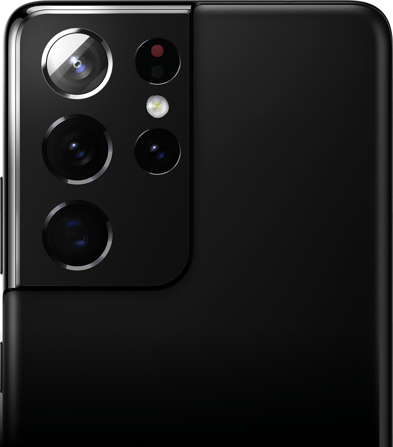 Zoom sur la caméra arrière du Galaxy S21 Ultra 5G en Phantom Black avec la caméra Ultra Wide mise en évidence.
