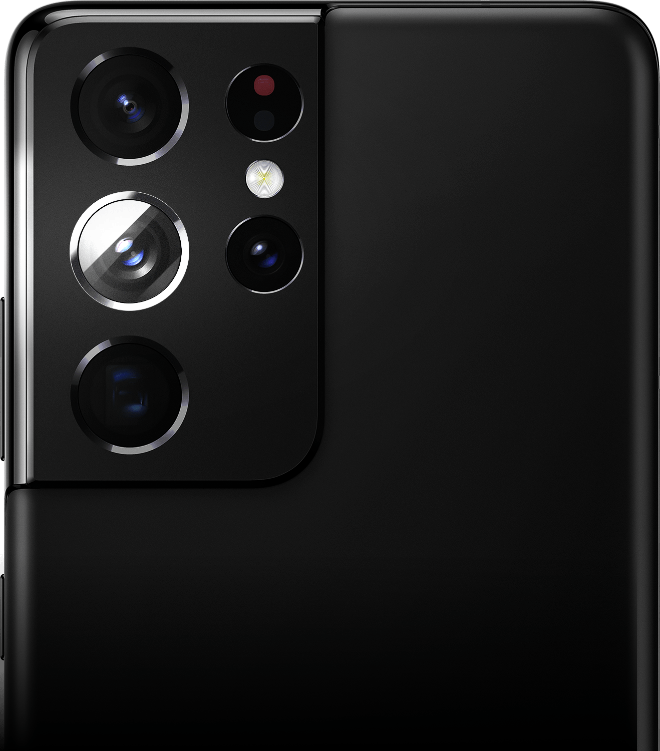 Zoom sur la caméra arrière du Galaxy S21 Ultra 5G en Phantom Black avec la caméra Wide-angle mise en évidence.