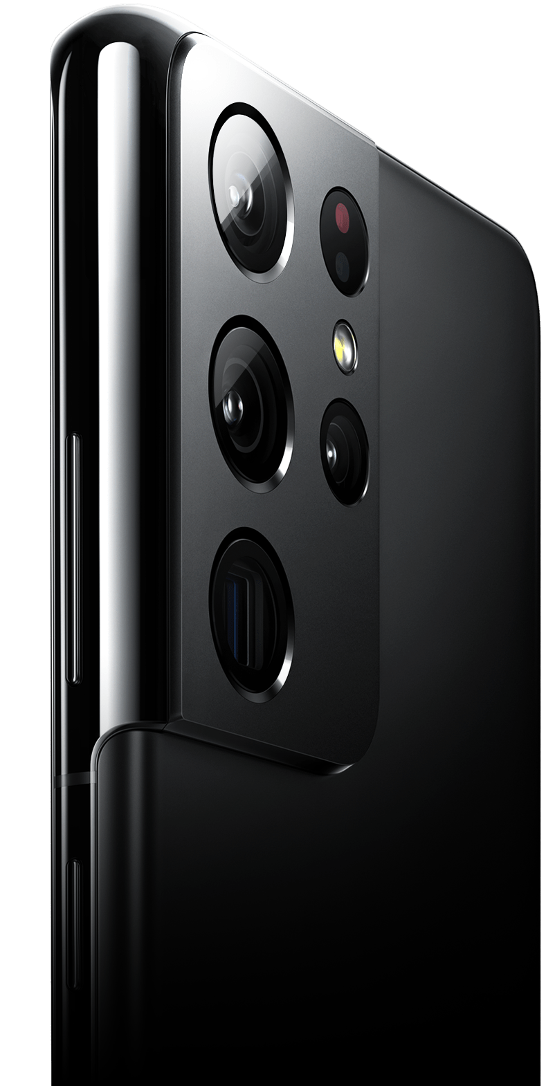 Deux Galaxy S21 Ultra se font face, l'un vu de dis l'autre vu de face. Celui vu de Face a un fond graphique sur l'écran.