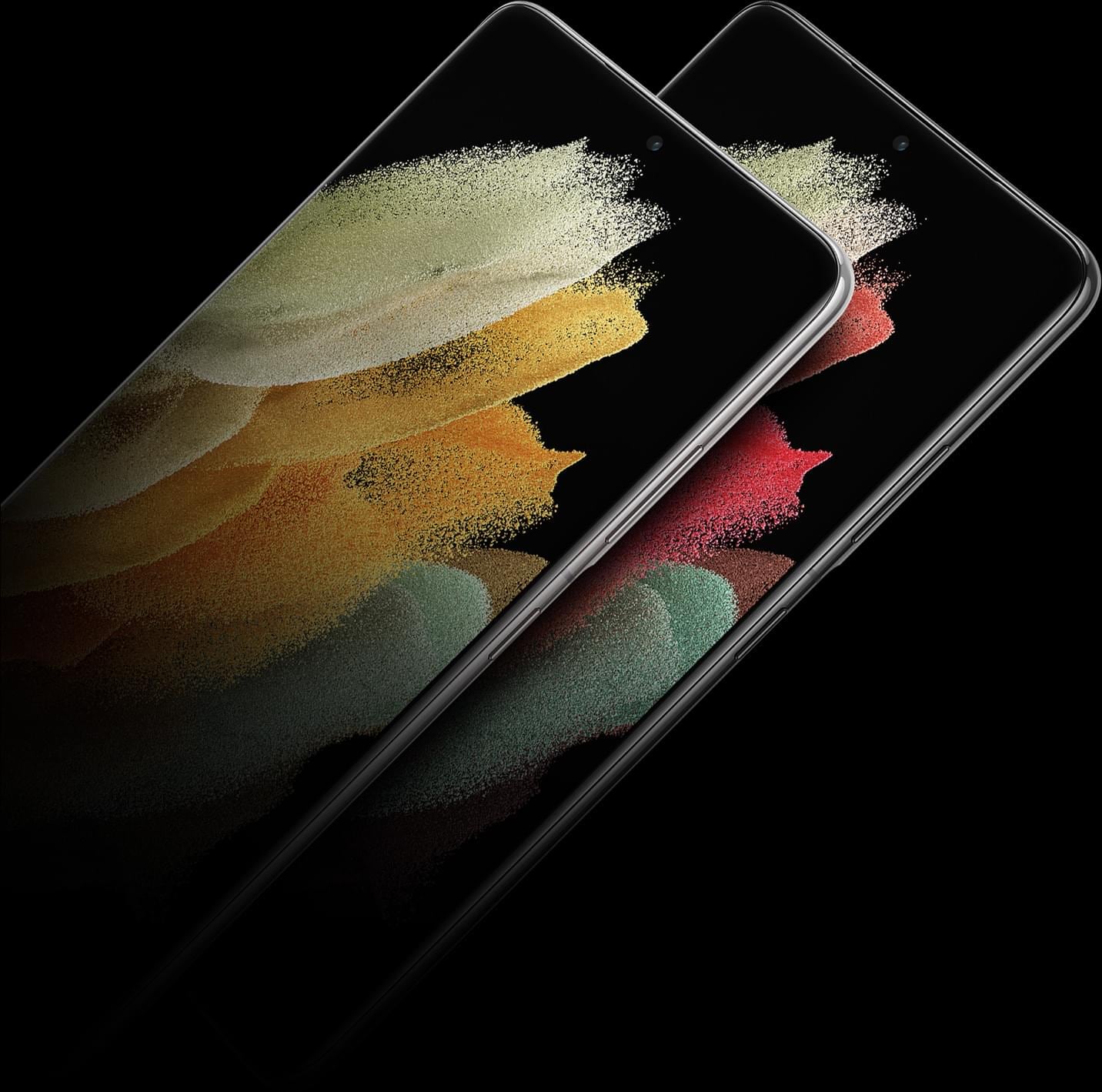 Deux téléphones Galaxy S21 Ultra 5G superposés, vus de face avec un fond d'écran graphique.