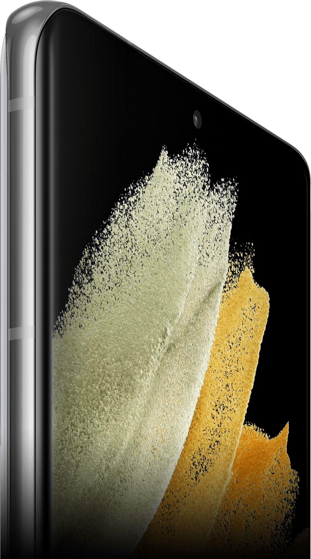 Gros plan de la Galaxy S21 Ultra 5G en Phantom Silver vue sous un angle avec un fond d'écran graphique.