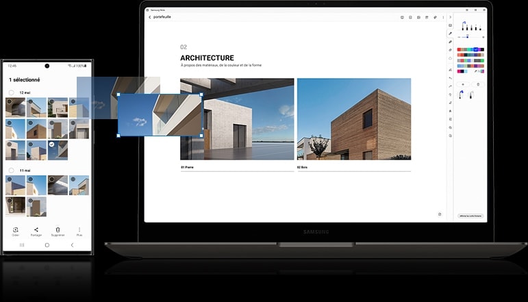 L’application Gallery est ouverte sur un Galaxy S23 Ultra. À côté, une présentation d’architecture est ouverte sur un écran d’ordinateur portable. Une photo de l’application Gallery du Galaxy S23 Ultra est glissée et déposée dans la présentation sur l’écran de l’ordinateur portable.