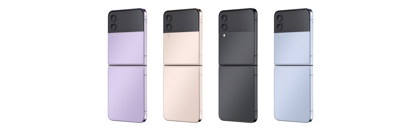Four unfolded Galaxy Z Flip4 devices seen from the Rear Cover in Bora Purple, Pink Gold, Graphite, and Blue.