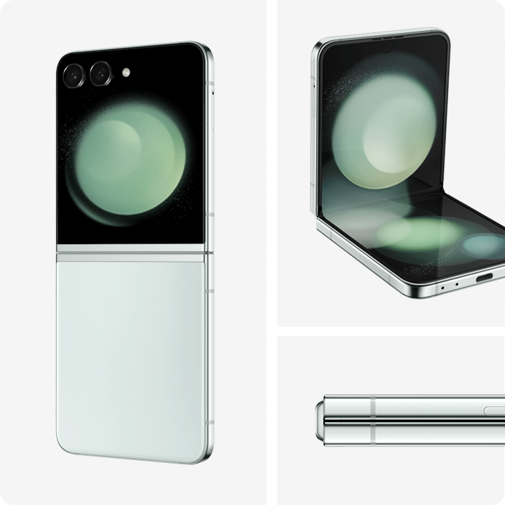 Le Galaxy Z Flip5 en menthe est vu sous trois angles différents. Tout d&#39;abord, un Galaxy Z Flip5 déplié est vu de l&#39;arrière. Ensuite, le Galaxy Z Flip5 est en mode Flex. Ensuite, un gros plan de la charnière Flex.