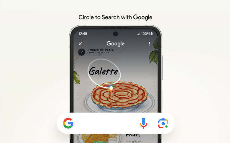 Gros plan sur l’écran principal du Galaxy Z Flip6 avec le mot « Galette » entouré dans un menu. Une barre de recherche Google apparaît en dessous. Circle to Search avec le logo Google.