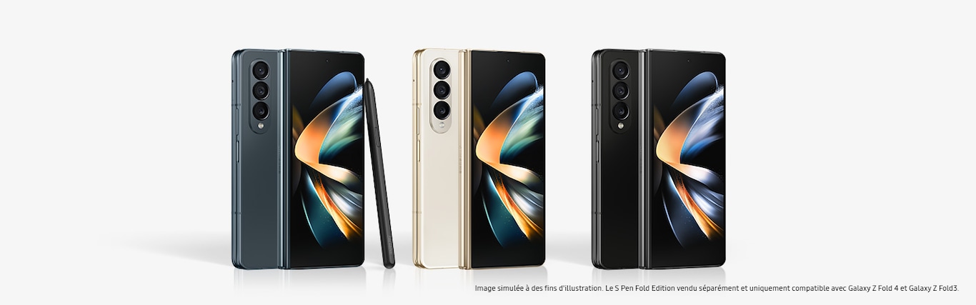 Greygreen, Beige, and Phantom Black colour options are each represented by a pair of Galaxy Z Fold4 devices. In each pair, one device faces forward to show a colourful, ribbon-like wallpaper on the Cover Screen. The device in front is in full view and partially covers the device behind it. The device behind it is turned around to showcase the color of the rear side and rear cameras. An S Pen Fold Edition is leaning against the Greygreen model. Disclaimer: Image simulated. S Pen Fold Edition sold separately and is only compatible with Galaxy Z Fold4 and Galaxy Z Fold3.