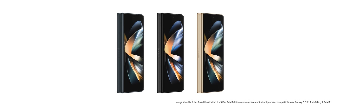 Three folded Galaxy Z Fold4 devices seen from the Cover Screen in Greygreen, Phantom Black, and Beige. The Cover Screen displays a colourful wallpaper.