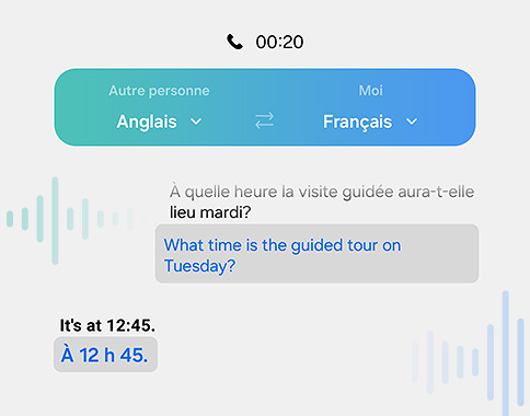 Un appel téléphonique est traduit en temps réel. Le dialogue est ensuite affiché sur un écran dans deux langues différentes.