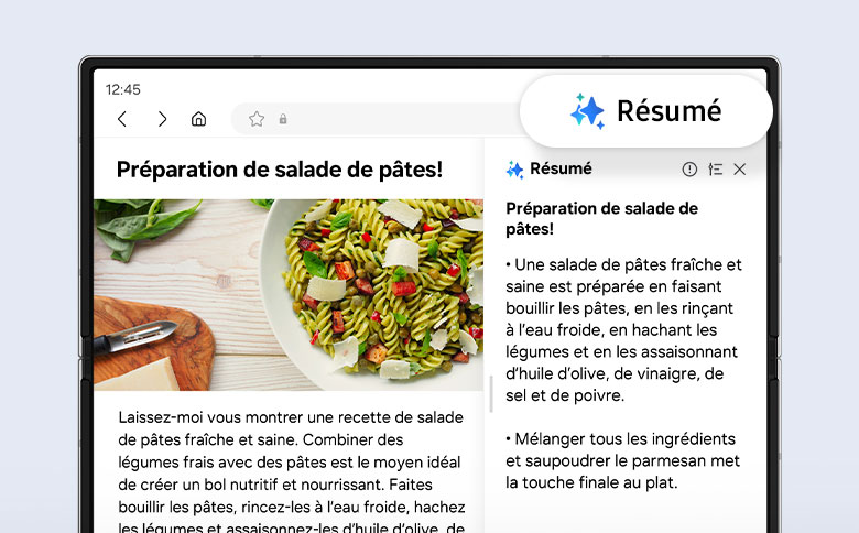 Un site Web est résumé à l’aide de Browsing Assist. Le résumé s’affiche à l’écran pour le site Web accessible via l’application Samsung Internet.