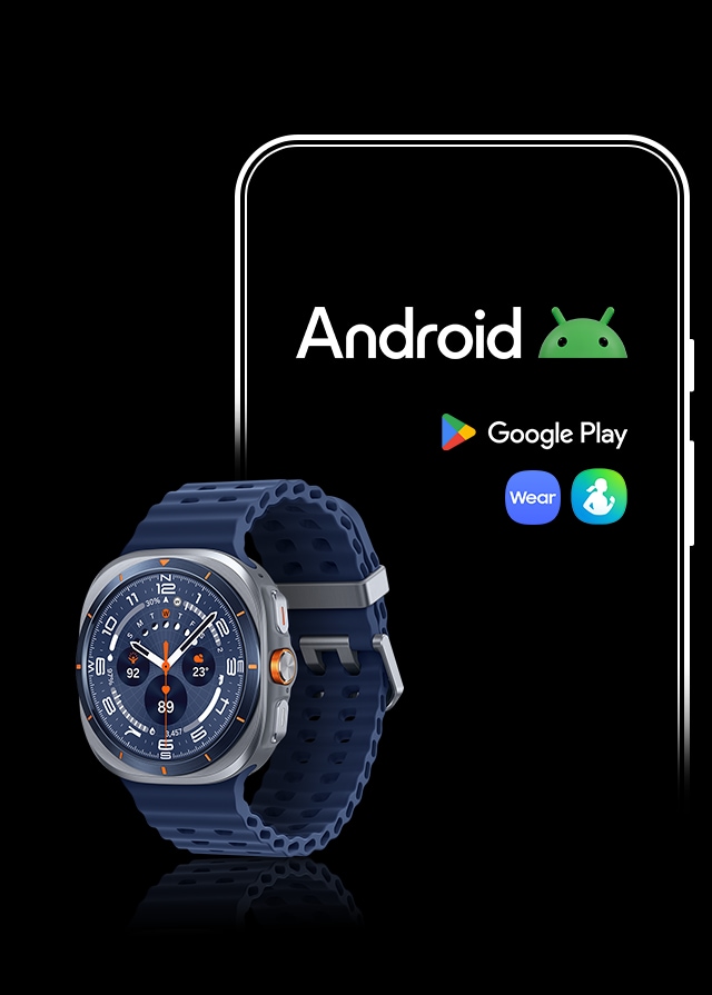 I bakgrunnen er det en Android-mobil med Android-logoen, Google Play-logoen og ikoner for Galaxy Wearable og Samsung Health-appene. I forgrunnen er Galaxy Watch Ultra.