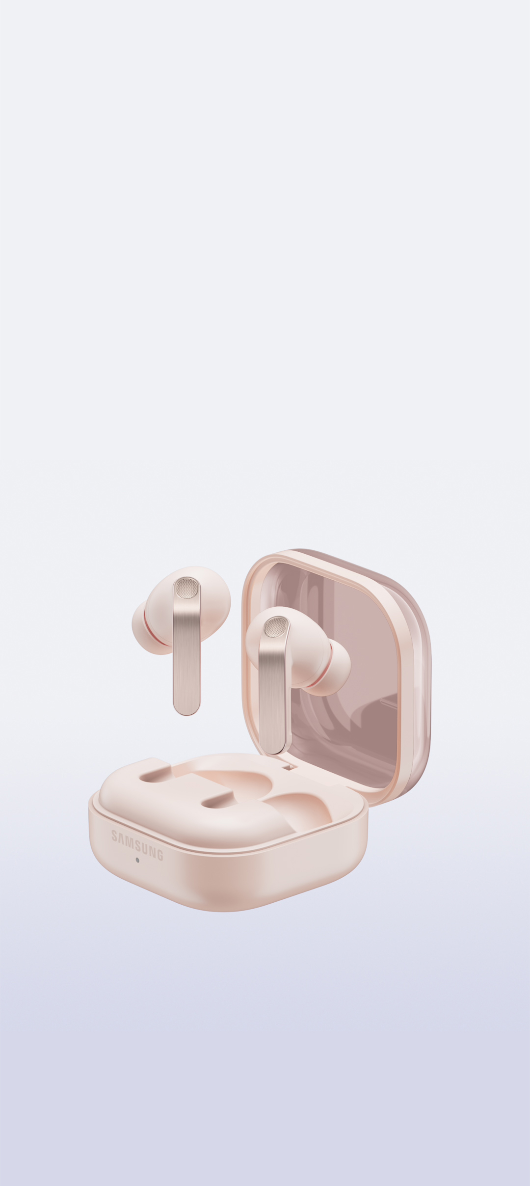Estuche de carga de los Galaxy Buds4 Pro Pink Gold abierto con los auriculares por encima.