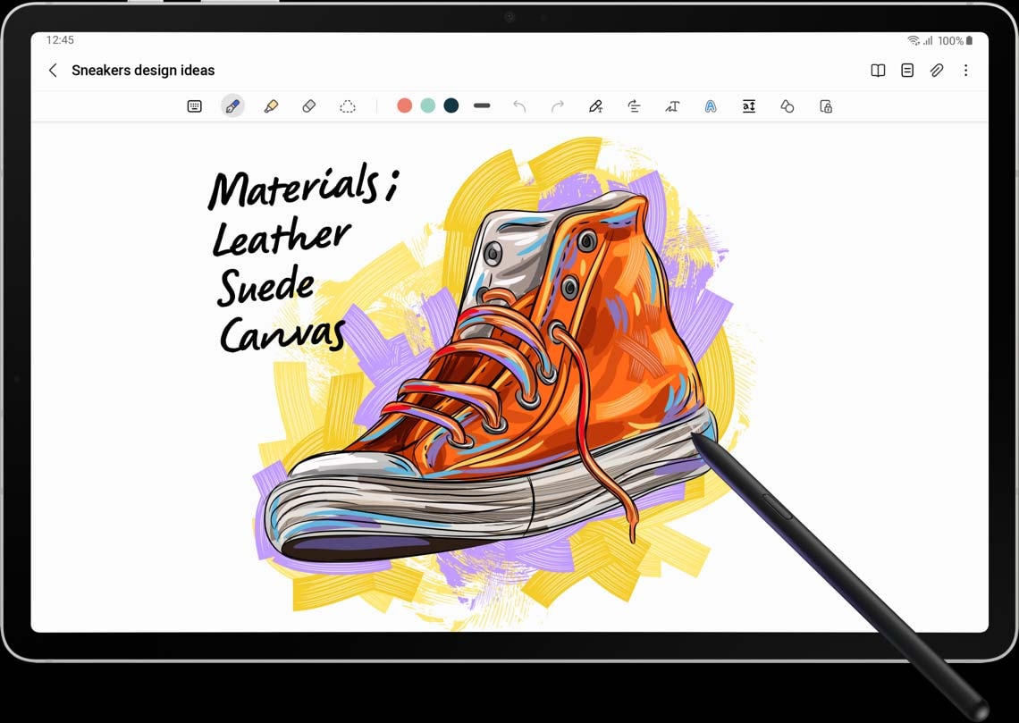 Diseño de zapato con "materiales", "ante", "cuero" y "lienzo" escrito en la parte superior izquierda con el S Pen en Samsung Notes.
