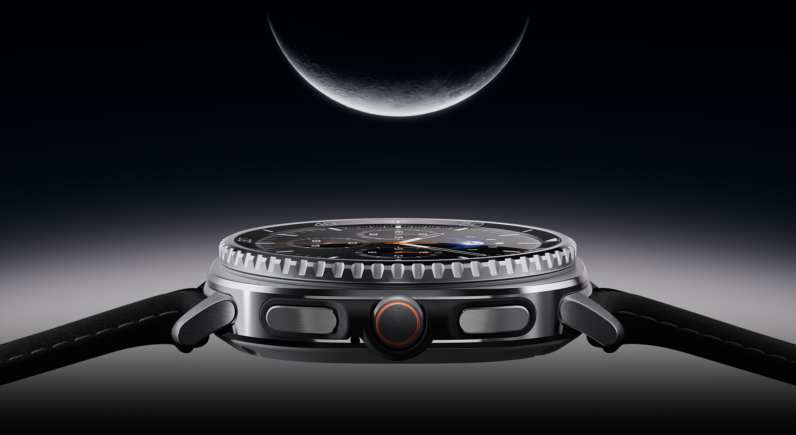 El Galaxy Watch8 Classic está orientado hacia arriba y brilla suavemente con la luna en la parte superior.
